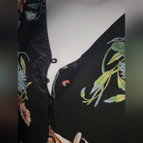 : fleur bleve black floral design button front Drawstring tunic dress top sz 8 - Picture 6 of 16